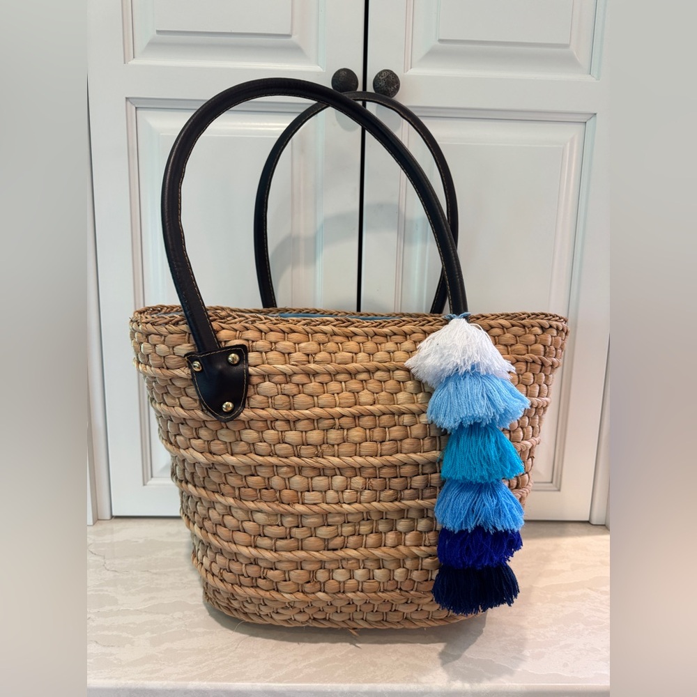 Woven Straw Tote with Layered Blue Tassel Accent